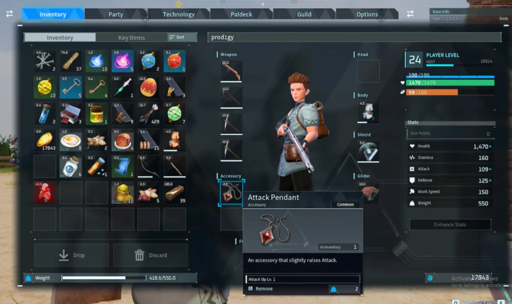 Palworld Attack Pendant - Accessory to increase Base Damage Percentage