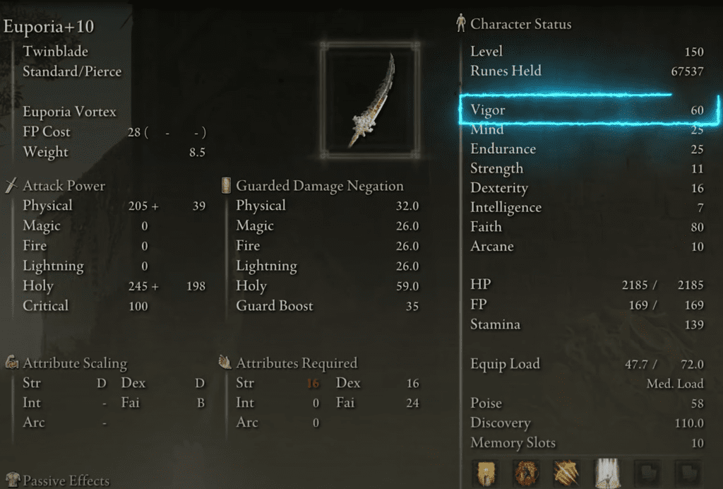 Stats for the Elden Ring 1.14 Euphoria Divine Vortex Build