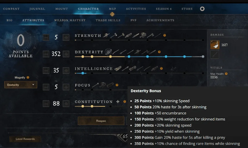 Attribute for New World Aeternum Dark Hide Skinning and Aptitude Farming